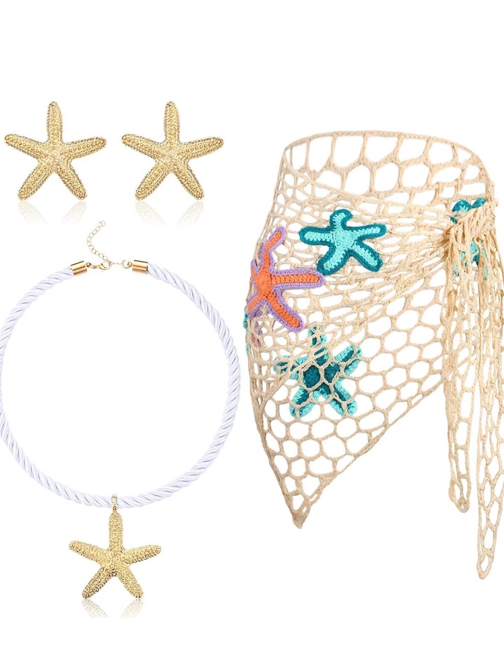 Gold Starfish Necklace & Earring Set with Beige Crochet Beach Scarf